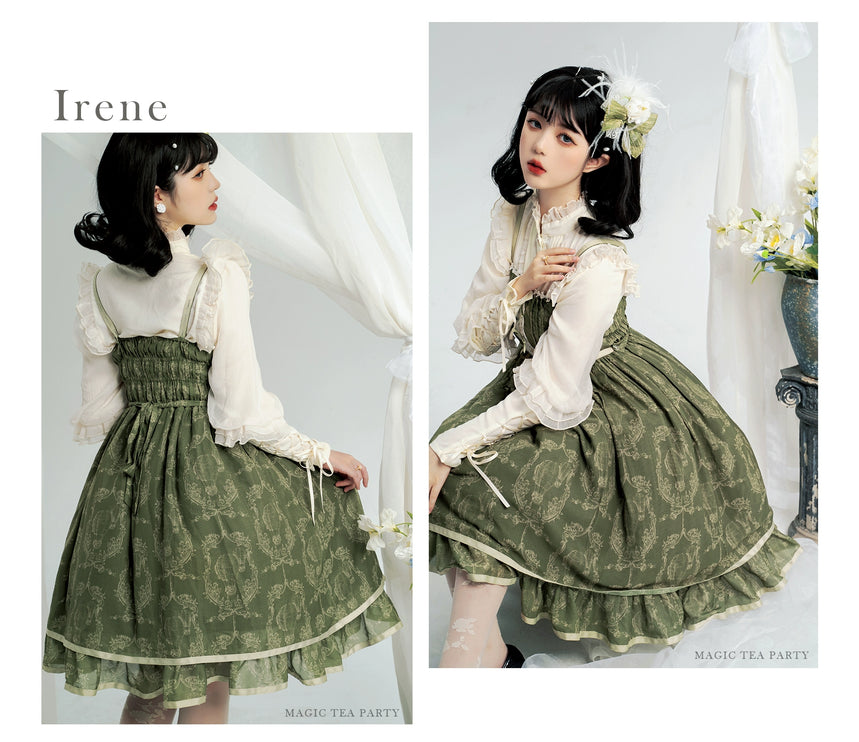 Floral Elegance Lace-Up Lolita JSK Sundress – Romantic Tiered Dress in Sage Green, Lavender, and Charcoal