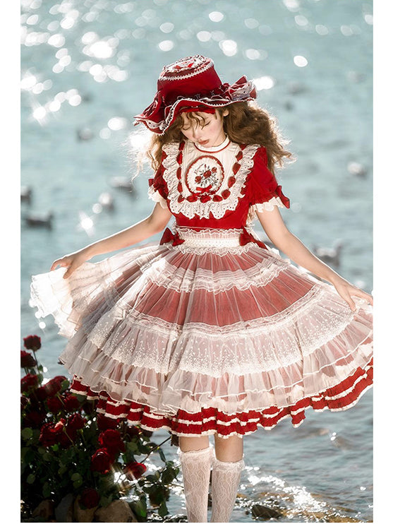 Elegant Country Style Red Lolita OP with Whimsical Embroidery and Ruffled Trims