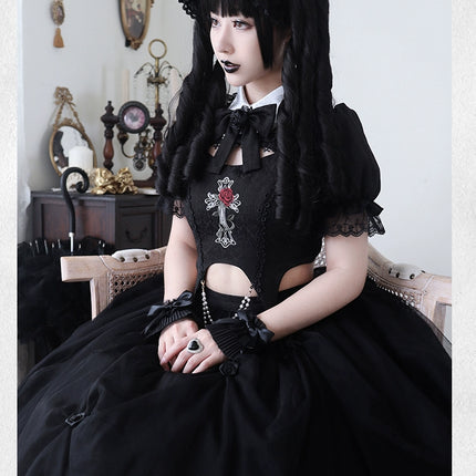 Gothic Black Rose Embroidery Cut-Out Blouse with Asymmetrical Lolita Dress Set