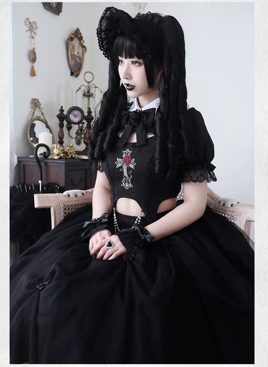 Gothic Black Rose Embroidery Cut-Out Blouse with Asymmetrical Lolita Dress Set