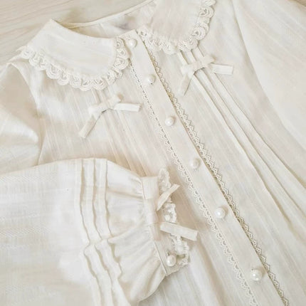 Vintage - style White or Cream Blouse with Peter Pan Collar, Bows and Ruffles