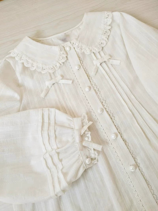 Vintage - style White or Cream Blouse with Peter Pan Collar, Bows and Ruffles