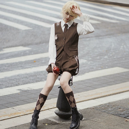 Detective Lolita Prince Set – Brown Vest with Suspender Shorts and Ruffled Blouse