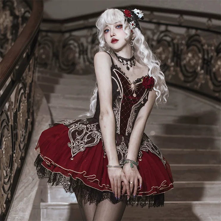 Gothic - Lolita Dress: Red & Black Elegance with Intricate Embroidery and Fluffy Sleeves
