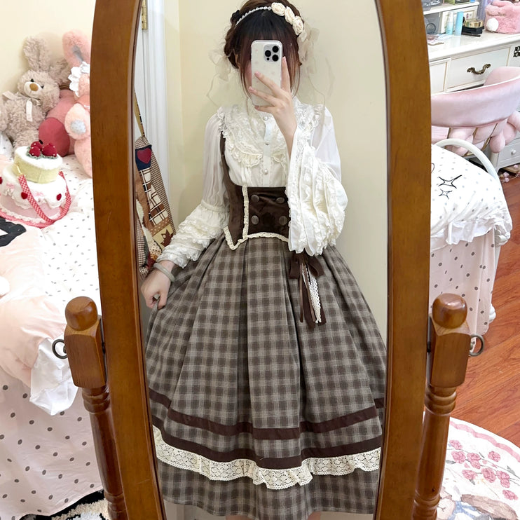 Vintage - style Plaid Suspender Skirt with Lace Trims and Button - up Bodice