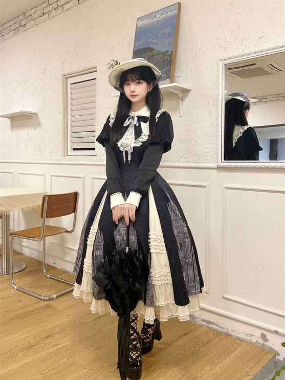 Gothic - inspired Lolita Dress with Cathedral Prints, Lace Trims and Delicate Bow