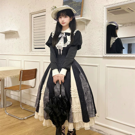 Gothic - inspired Lolita Dress with Cathedral Prints, Lace Trims and Delicate Bow