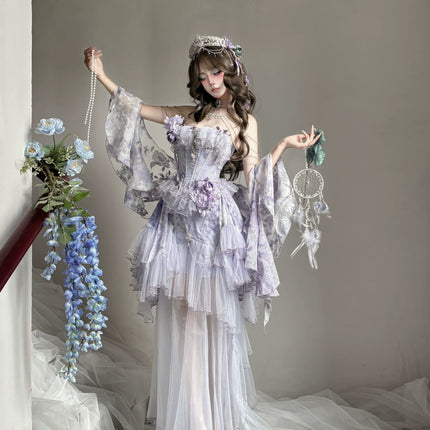 Dreamy Lavender Lolita Gown with Floral Embellishments, Layered Tulle Skirt