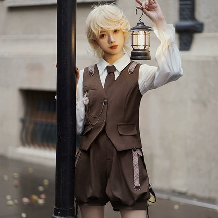 Detective Lolita Prince Set – Brown Vest with Suspender Shorts and Ruffled Blouse