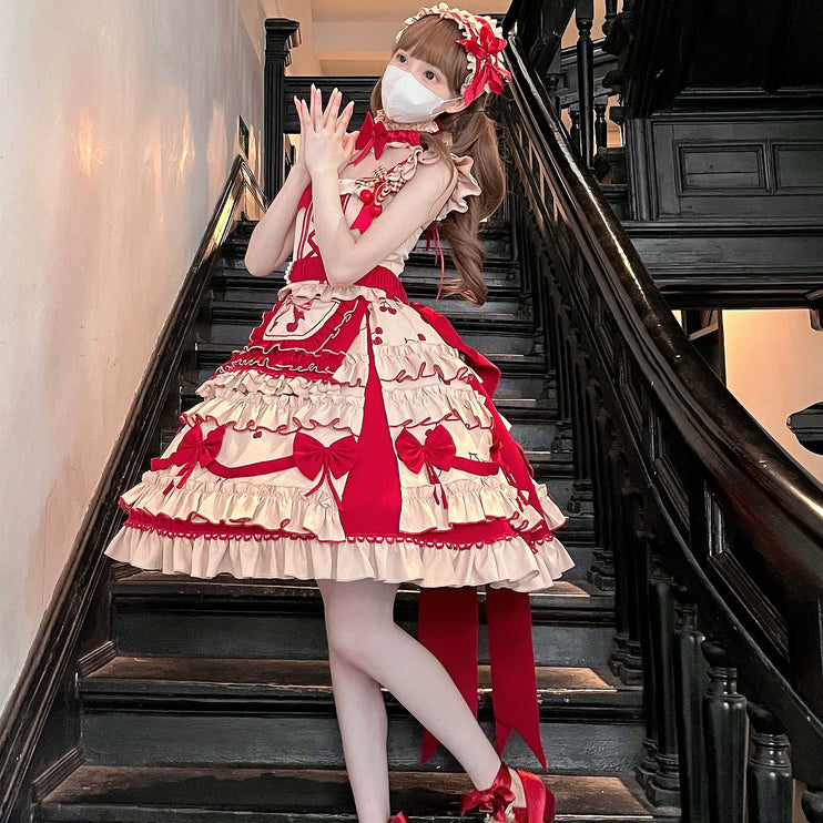 Cherry Orchard Vintage Lolita Dress - Tiered JSK with Apron and Bow Accents