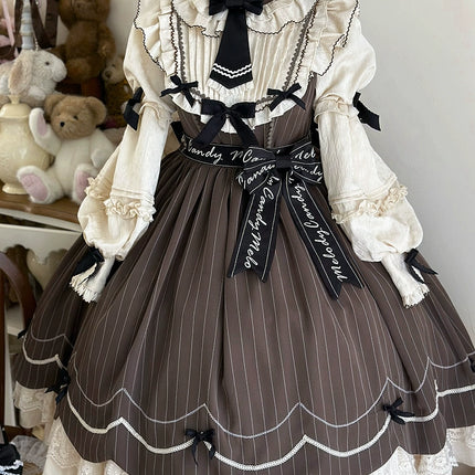 Aristocratic Elegance Lolita Dress - Pinstripe OP with Ribbon Belt and Lace Accents