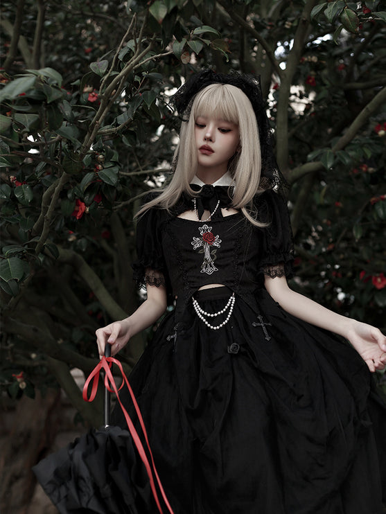 Midnight Rose Gothic Lolita Set - Embroidered Cutout Blouse with Cross and Pearl Accents