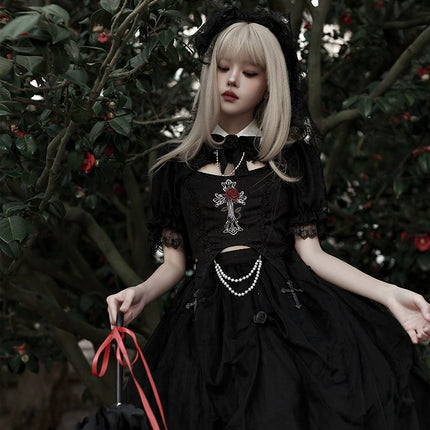 Gothic Black Rose Embroidery Cut-Out Blouse with Asymmetrical Lolita Dress Set