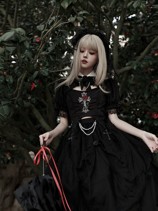 Gothic Black Rose Embroidery Cut-Out Blouse with Asymmetrical Lolita Dress Set