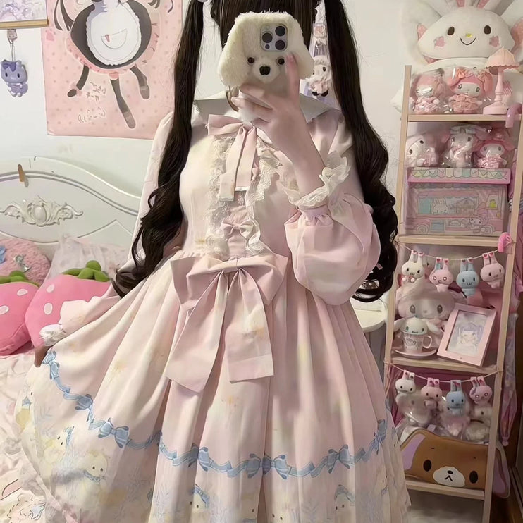 Pink Lolita Dress with Adorable Patterns, Delicate Bow - a Fairy - like Choice