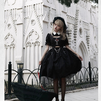 Gothic Black Rose Embroidery Cut-Out Blouse with Asymmetrical Lolita Dress Set