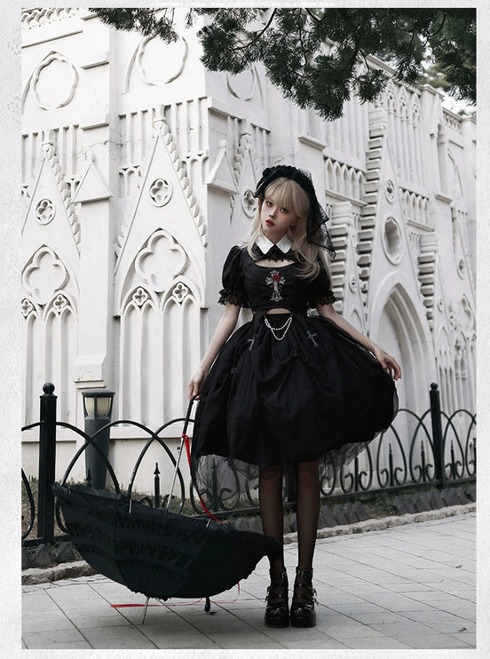 Gothic Black Rose Embroidery Cut-Out Blouse with Asymmetrical Lolita Dress Set