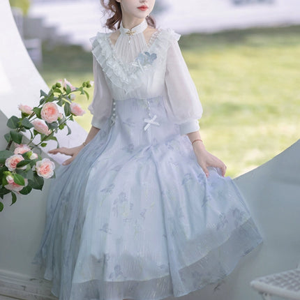 Lolita Fairy Dress! Lace Puff Sleeves + Light Blue Floral Maxi Skirt, Spring Garden Date Outfit