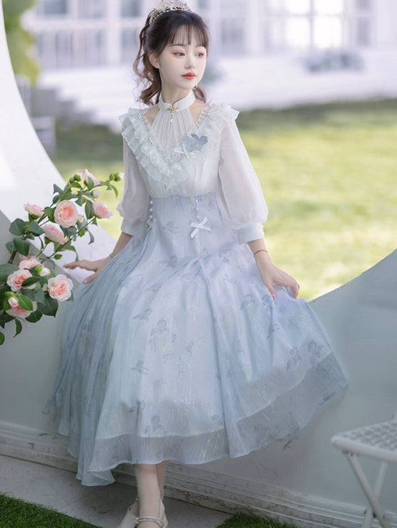 Lolita Fairy Dress! Lace Puff Sleeves + Light Blue Floral Maxi Skirt, Spring Garden Date Outfit
