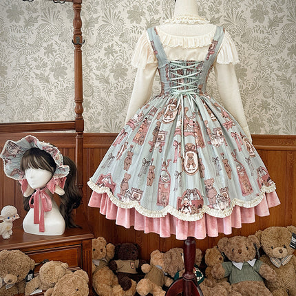 Enchanting Pastel Green Animal Illustration Lolita Jumper Skirt (JSK) Dress