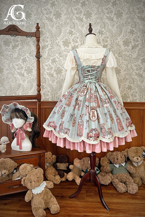 Enchanting Pastel Green Animal Illustration Lolita Jumper Skirt (JSK) Dress