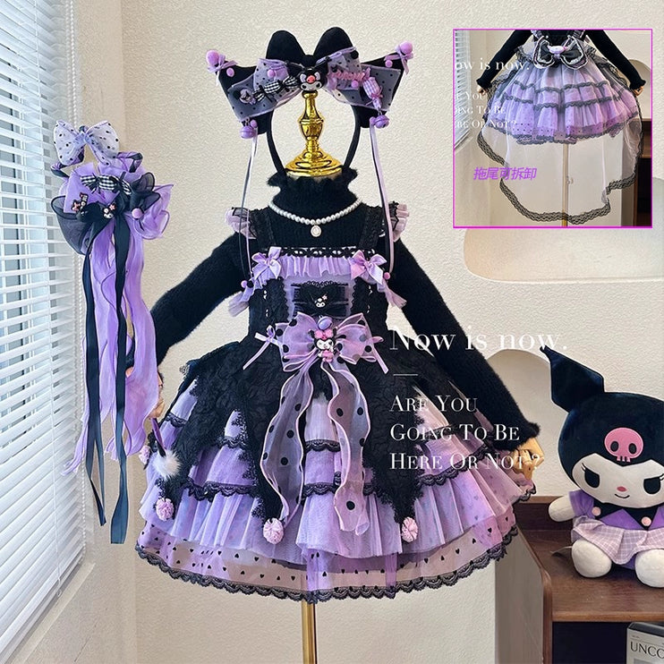 Elegant Black and Purple Lolita Dress for Girls - Intricate Lace and Ruffled Skirt