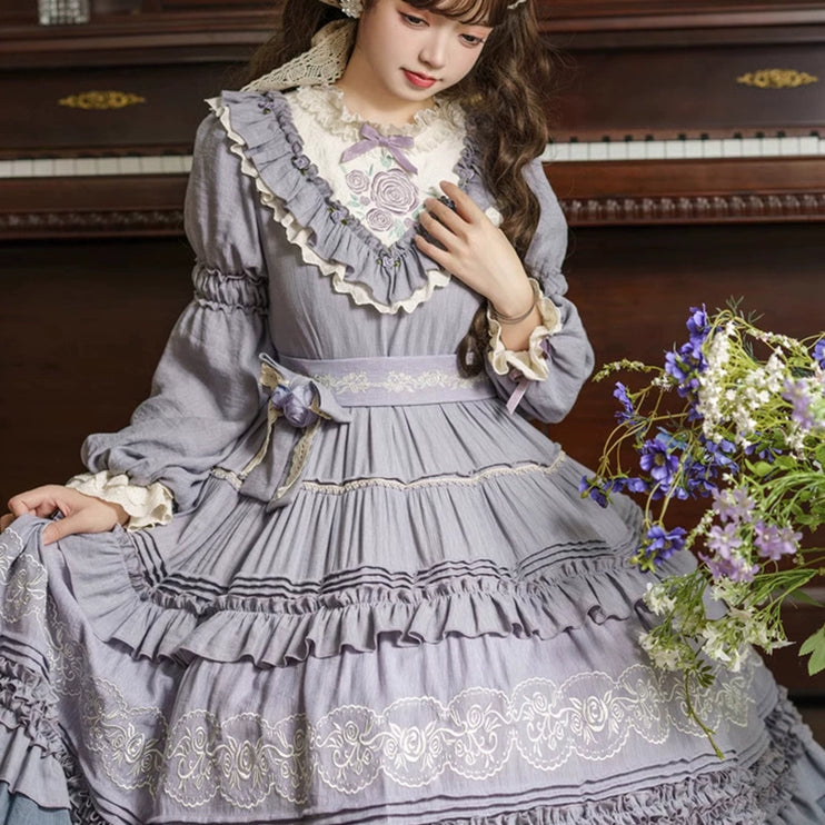 L-4XL Vintage Victorian Charm Lolita OP Dress – Elegant Ruffled Embroidery in Lavender-Gray