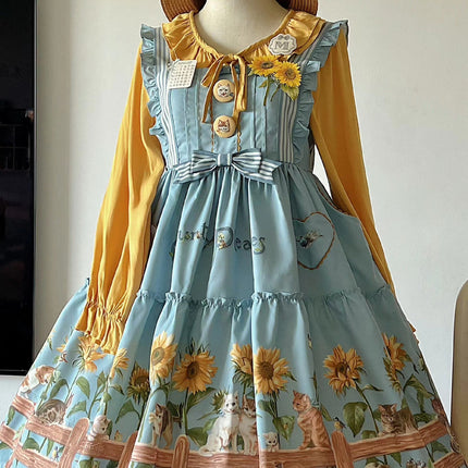 Sunflower Paradise: Cat and Sunflower JSK Lolita with a Big Skirt