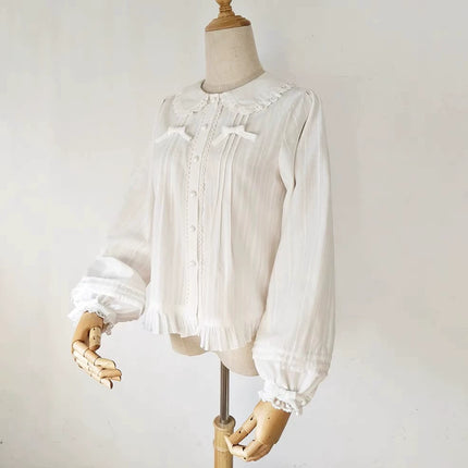 Vintage - style White or Cream Blouse with Peter Pan Collar, Bows and Ruffles