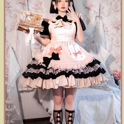 Sweet Pink Lolita Apron with Puff Sleeves OP Maid Lolita Dress