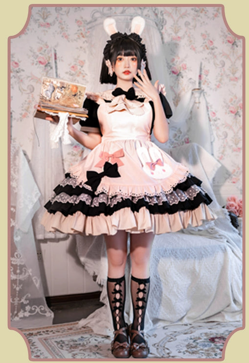 Sweet Pink Lolita Apron with Puff Sleeves OP Maid Lolita Dress