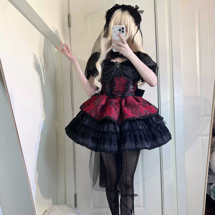 Dark Gothic JSK Lolita Dress with Baroque Lace and Embroidered Corset