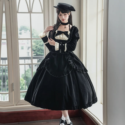 Square Neck Waist Boned Velvet OP Lolita (Gemini Winter Collection)
