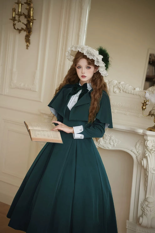 Elegant Victorian - inspired Black Dress with Bowknot and Flared Skirt