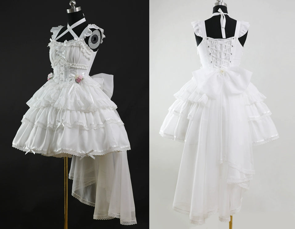 Elegant, lightweight wedding-style Lolita dress with a ballet-girl silhouette and ruffled details, inspired by cotton-candy motifs