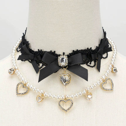 Edgy Punk Style Elaborate Double-Layer Necklace with Pearls and Gemstone Choker Lolita Collarbone Chain