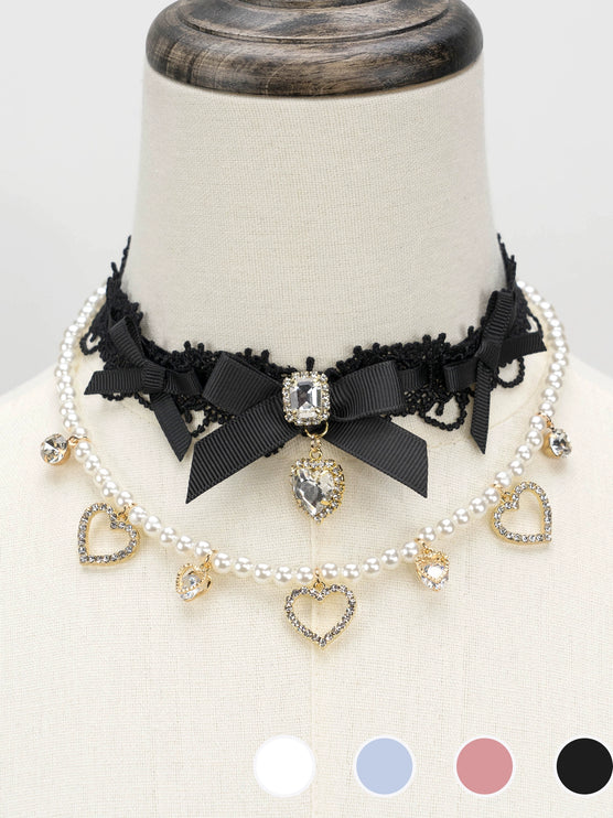 Edgy Punk Style Elaborate Double-Layer Necklace with Pearls and Gemstone Choker Lolita Collarbone Chain