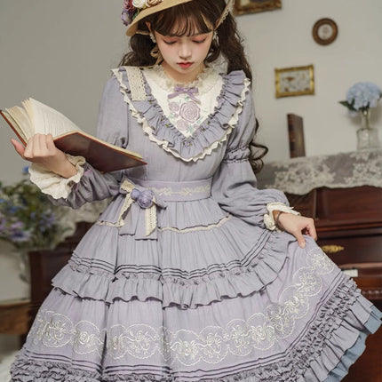 L-4XL Vintage Victorian Charm Lolita OP Dress – Elegant Ruffled Embroidery in Lavender-Gray