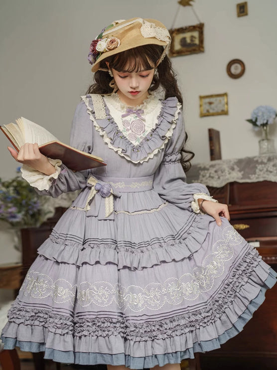 L-4XL Vintage Victorian Charm Lolita OP Dress – Elegant Ruffled Embroidery in Lavender-Gray