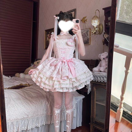 Whimsical Pastel Lolita Dress with Embroidered Animal Motifs and Ruffled Skirt