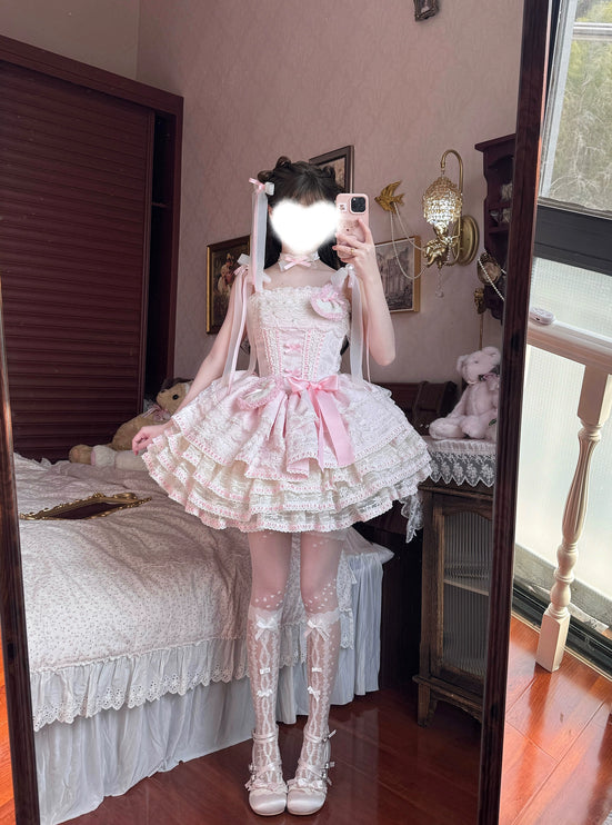 Whimsical Pastel Lolita Dress with Embroidered Animal Motifs and Ruffled Skirt