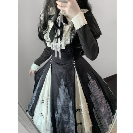 Gothic - inspired Lolita Dress with Cathedral Prints, Lace Trims and Delicate Bow