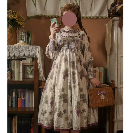 Autumn Winter Japanese Sweet Lolita Vintage Elegant Lady Vineyard Stand Collar Doll Long Sleeve Dress OP and JSK