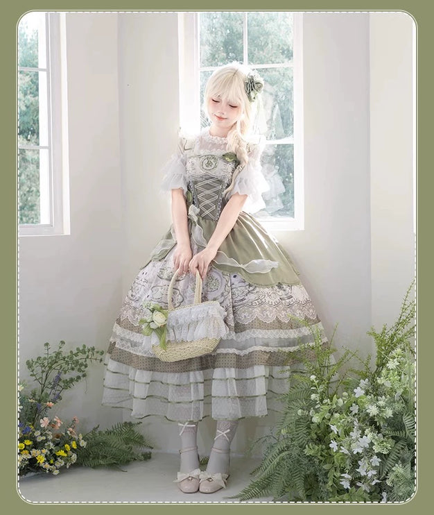 Sweet Lolita Dress - Light Green Layered Tulle Skirt with Lace & Embroidery