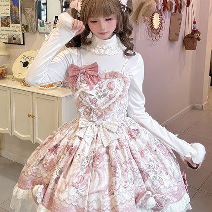 Lolita Capelette Dress Set with Bow - detail and Lace Trim, Pastel Pink and White Color Scheme