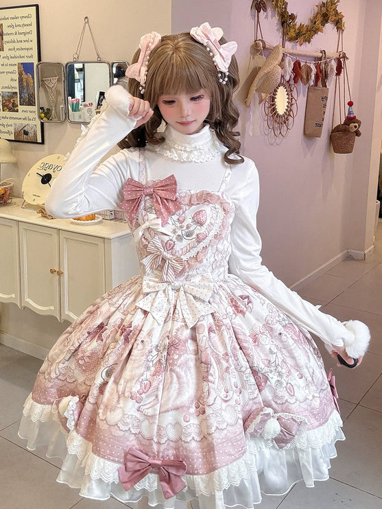 Lolita Capelette Dress Set with Bow - detail and Lace Trim, Pastel Pink and White Color Scheme