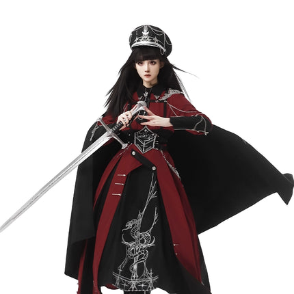 Gothic Military Lolita OP Dress – Black & Red with Silver Embroider