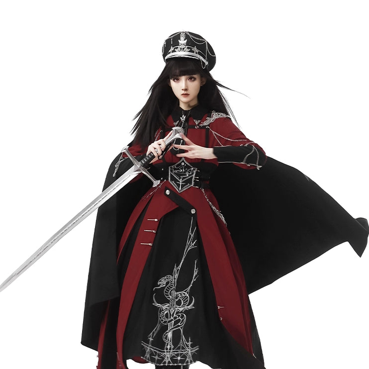 Gothic - style Long Cloak - holding Design, Embellished with Intricate Silver Patterns and Elegant Hat