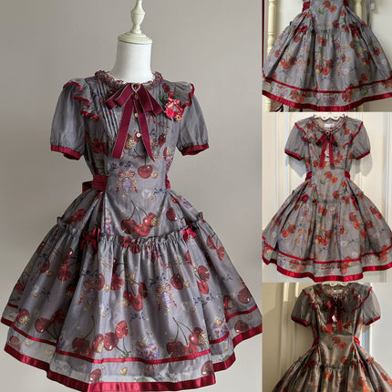 S-2XL Cherry Blossom Delight Lolita Dress – Sweet Vintage Print JSK/OP in Black, Red, Gray & White