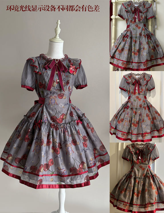 S-2XL Cherry Blossom Delight Lolita Dress – Sweet Vintage Print JSK/OP in Black, Red, Gray & White